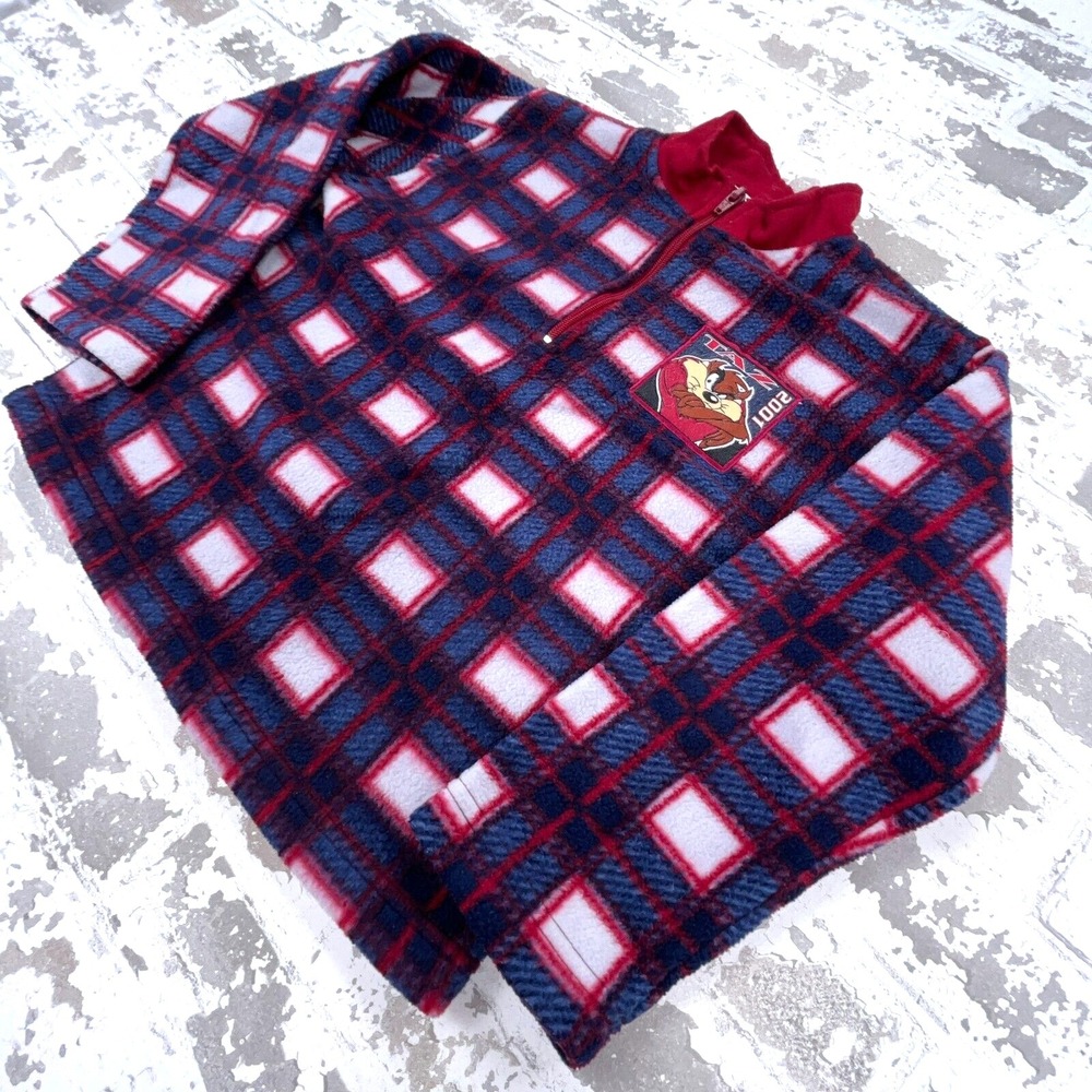 Vintage Looney Tunes Sweater Boys 7 Blue Red Plaid Fleece Jacket Youth Taz Y2K - Picture 2 of 7